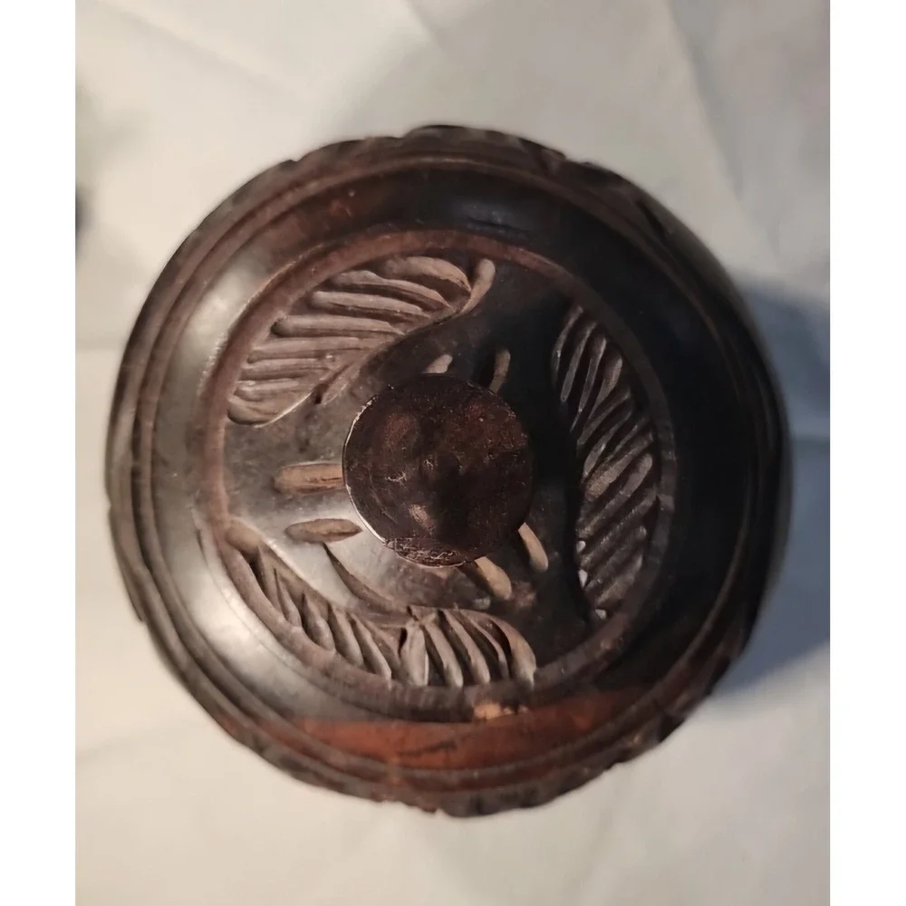 Vintage African Wooden Spice Jar Round Handmade Elephants Approx. 3